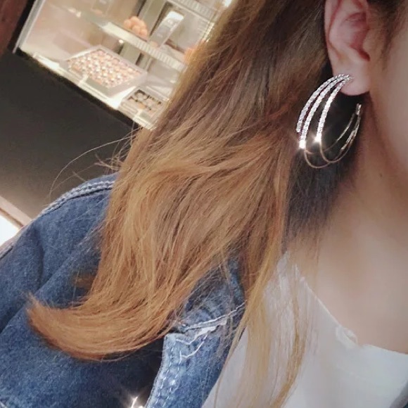 Rhinestone Silver Hoop Earrings - Picture 7 of 7